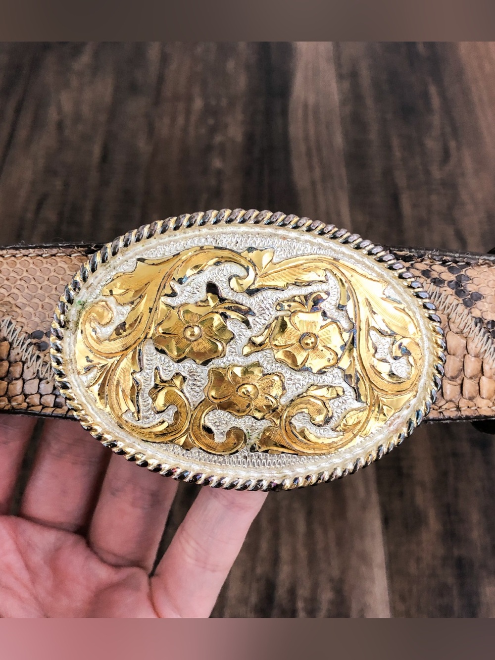 Boot Country VTG Snakeskin Leather Western Belt Large Oval Buckle Size 32 Tan - Picture 2 of 16